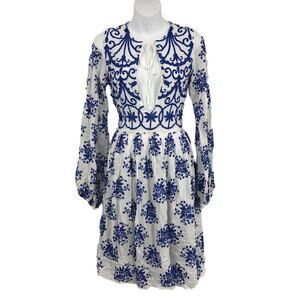 Alcoolique Donata Dress 6/S Embroidered Keyhole Tie Long Sleeve Boho Blue White